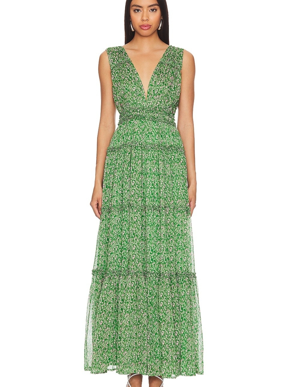 ASTR Green Floral Tiered V-Neck Maxi Dress